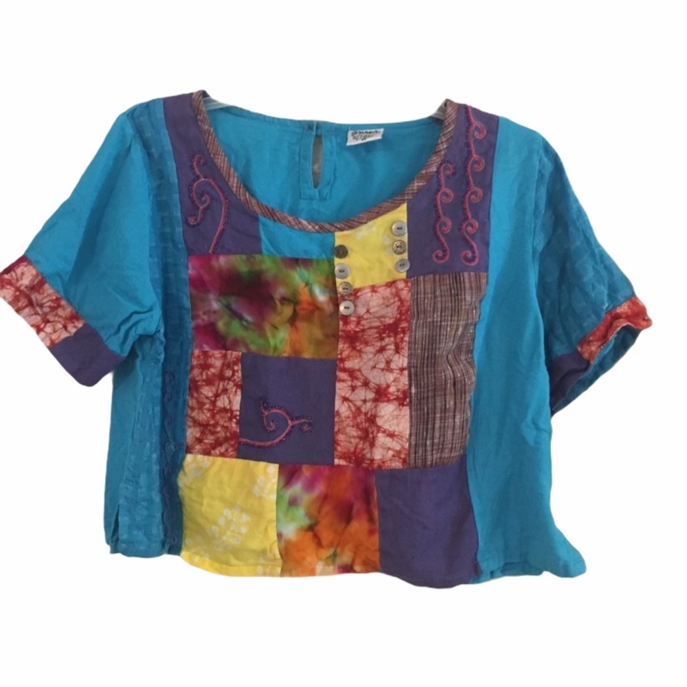 Magic Patchwork Cotton Linen Festival Crop Top Boho Hippie Art to Wear M